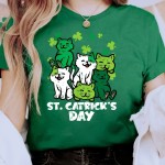 St. Patrick's Day Cat Print T-shirt, Casual Crew Neck Short Sleeve Top For Spring & Summer, Women's Clothing