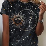 Sun & Moon Print Crew Neck T-Shirt, Casual Short Sleeve T-Shirt For Spring & Summer, Women's Clothing