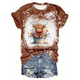 Women's Cow & Floral Print T-shirt - Casual Short Sleeve Crew Neck Top for Spring & Summer