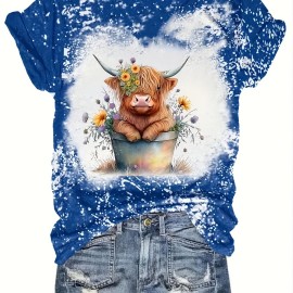 Women's Cow & Floral Print T-shirt - Casual Short Sleeve Crew Neck Top for Spring & Summer