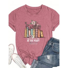 Flower & Book Print Crew Neck T-Shirt, Casual Short Sleeve T-Shirt For Spring & Summer, Women's Clothing