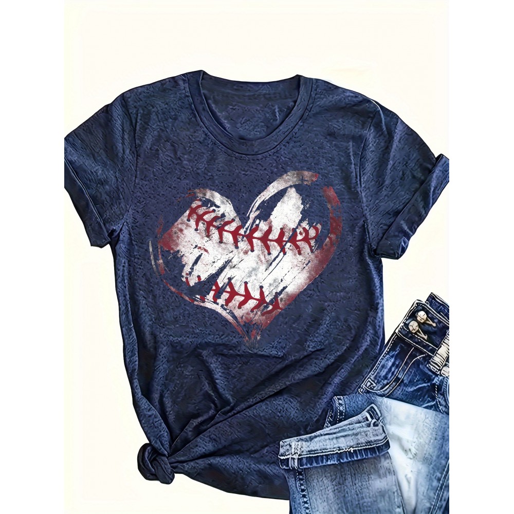 Heart & Baseball Print Crew Neck T-shirt, Casual Short Sleeve Top For Spring & Summer, Women's Clothing