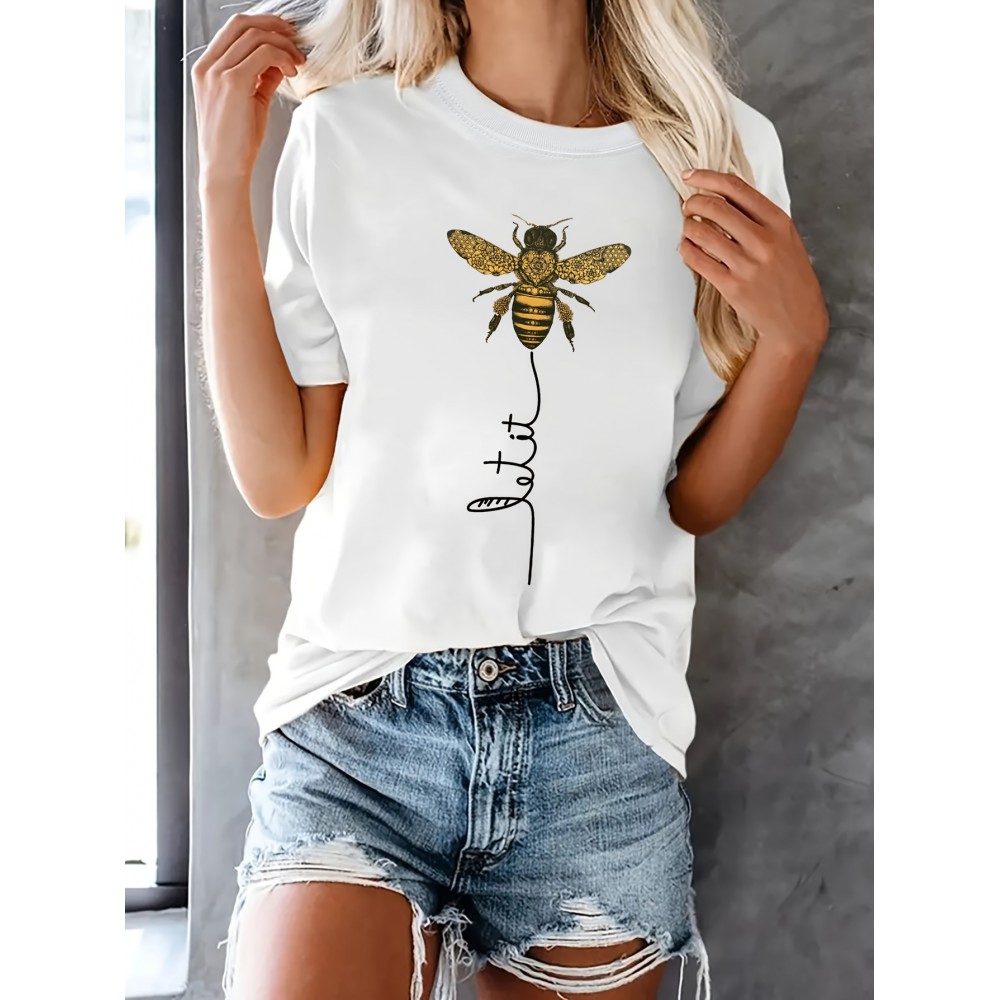 Bee Kind Belief Print Crew Neck T-shirt - Casual Loose Short Sleeve Summer Top for Women