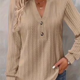 Women's Textured Button Front V Neck Long Sleeve T-Shirt - Casual Spring & Fall Top