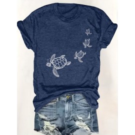 Turtle Print Crew Neck T-Shirt, Casual Short Sleeve T-Shirt For Spring & Summer, Women's Clothing