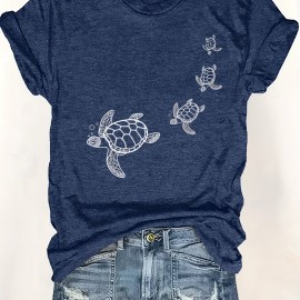 Turtle Print Crew Neck T-Shirt, Casual Short Sleeve T-Shirt For Spring & Summer, Women's Clothing