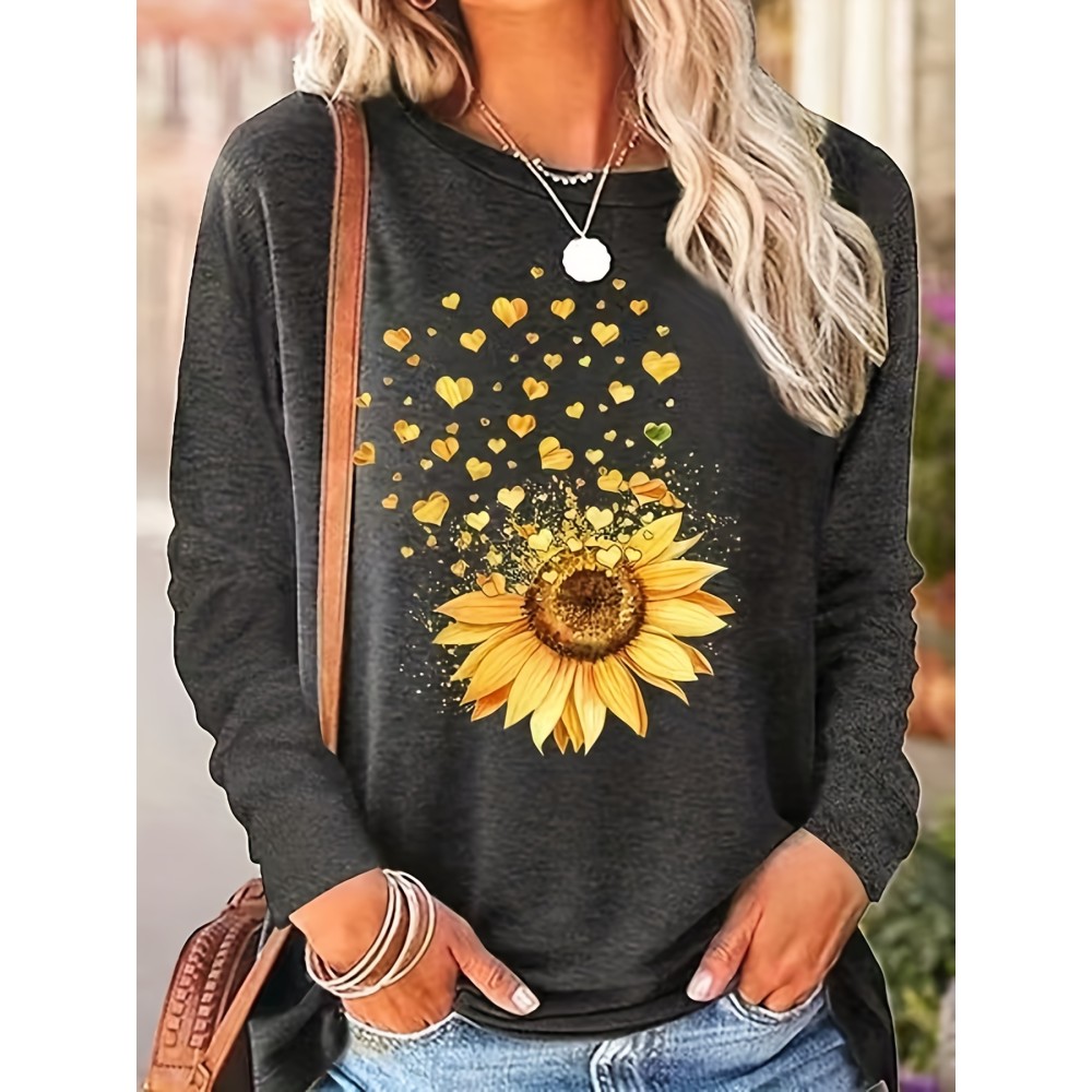 Sunflower Print Long Sleeve T-Shirt for Women - Casual Spring and Fall Fashion