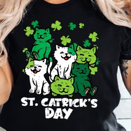 St. Patrick's Day Cat Print T-shirt, Casual Crew Neck Short Sleeve Top For Spring & Summer, Women's Clothing