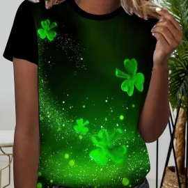 Clover Print Crew Neck T-Shirt, Casual Short Sleeve T-Shirt For Spring & Summer, Women's Clothing, St. Patrick's Day