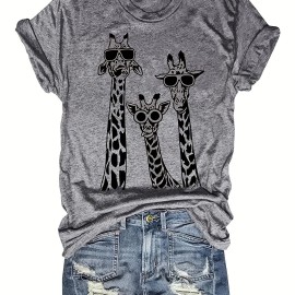 Cute Giraffe Print Crew Neck T-Shirt for Women - Casual Short Sleeve Tee for Spring & Summer