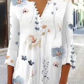 Floral Print Button Front T-shirt - Casual Flared Sleeve Top for Women - Spring & Fall Fashion