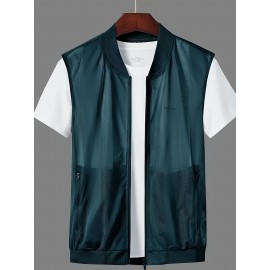 Men's Solid Sleeveless And Zipper Down Vest Jacket With Zippered Pockets And Novel Design Hollow Fabric, Versatile And Breathable Jacket For Outdoors Activities