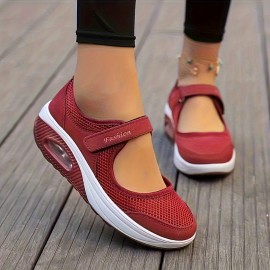 Women's Solid Color Casual Sneakers, Ankle Band Platform Soft Sole Air Cushion Walking Shoes, Breathable Work Daily Footwear