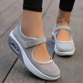 Women's Solid Color Casual Sneakers, Ankle Band Platform Soft Sole Air Cushion Walking Shoes, Breathable Work Daily Footwear