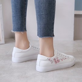 Women's Floral Embroidered Sneakers, Lace Up Soft Sole Platform Casual Skate Shoes, Low-top Walking White Shoes