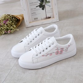 Women's Floral Embroidered Sneakers, Lace Up Soft Sole Platform Casual Skate Shoes, Low-top Walking White Shoes