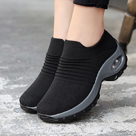 Women's Breathable Knit Sneakers - Lightweight Slip On Outdoor Shoes with Air Cushion Technology