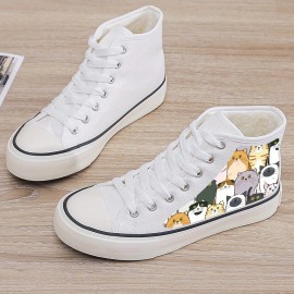 Men's Trendy High Top Cat Pattern Skate Shoes With Warm Plush Lining, Comfy Non Slip Casual Lace Up Sneakers, Winter