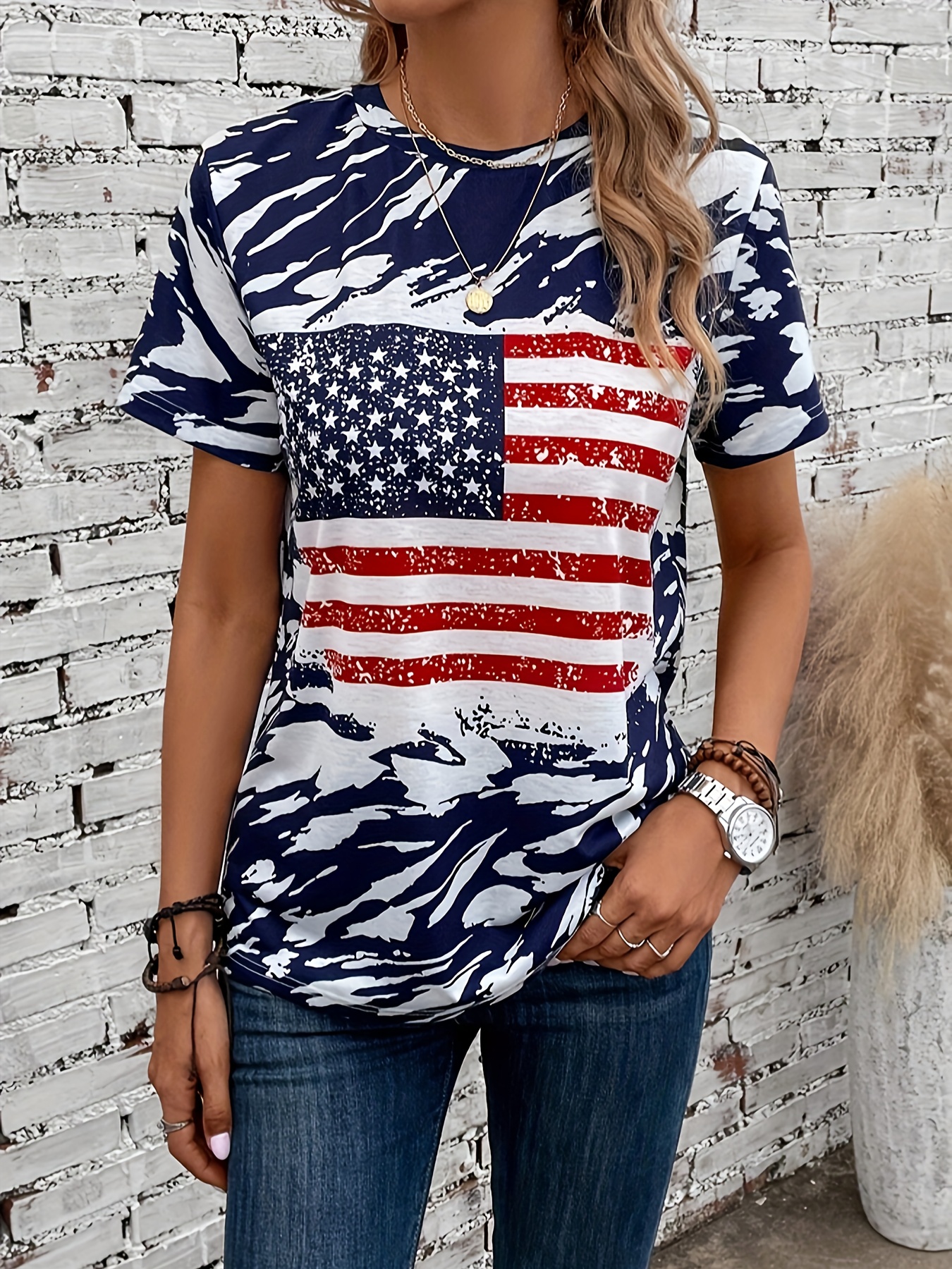 american flag print crew neck t shirt casual short sleeve t shirt for spring summer womens clothing details 0