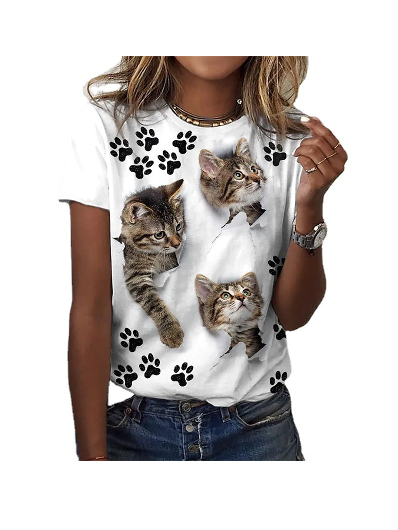 cute cat paw print t shirt casual crew neck short sleeve t shirt for spring summer womens clothing details 0