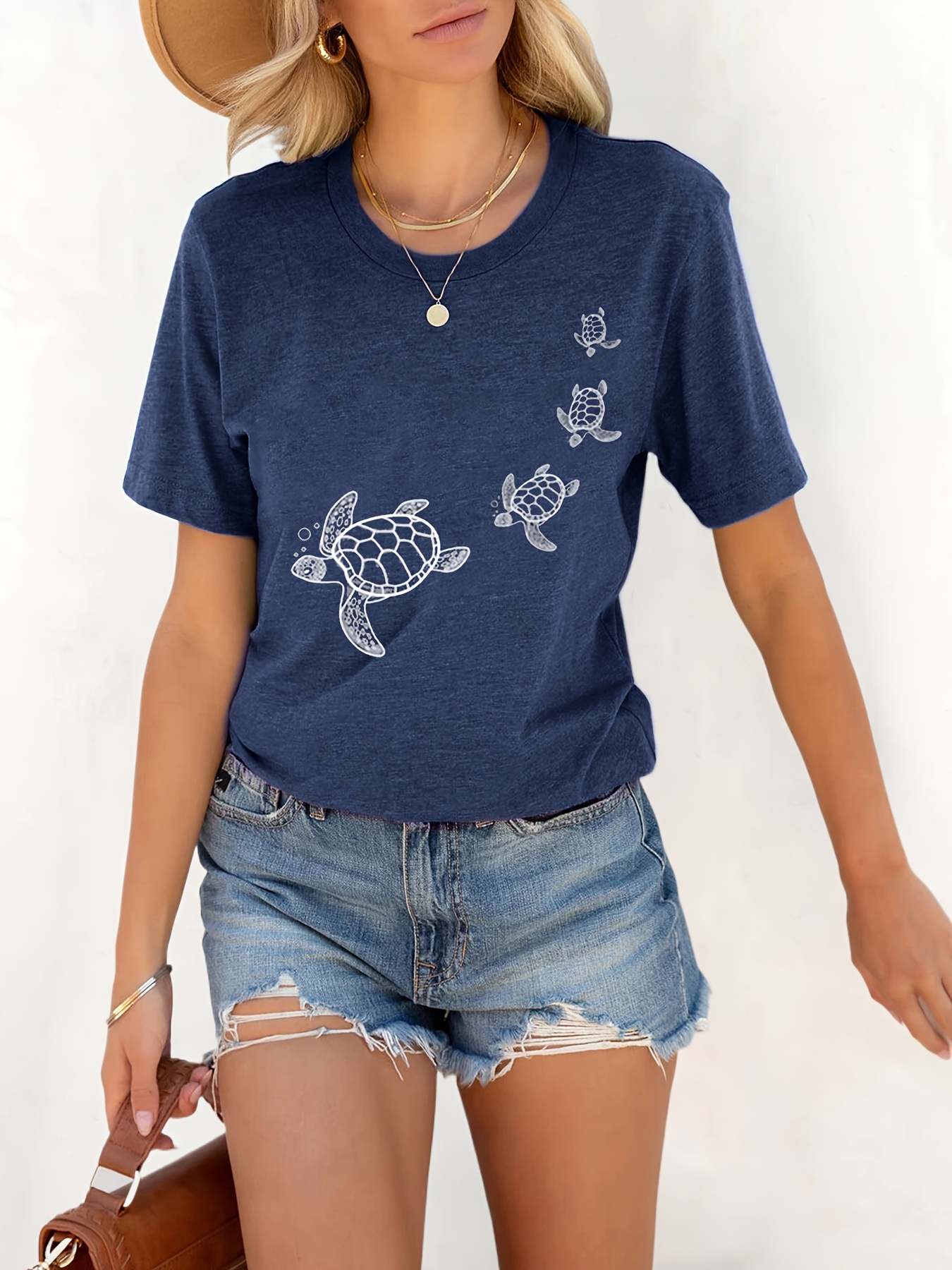 turtle print crew neck t shirt casual short sleeve t shirt for spring summer womens clothing details 5