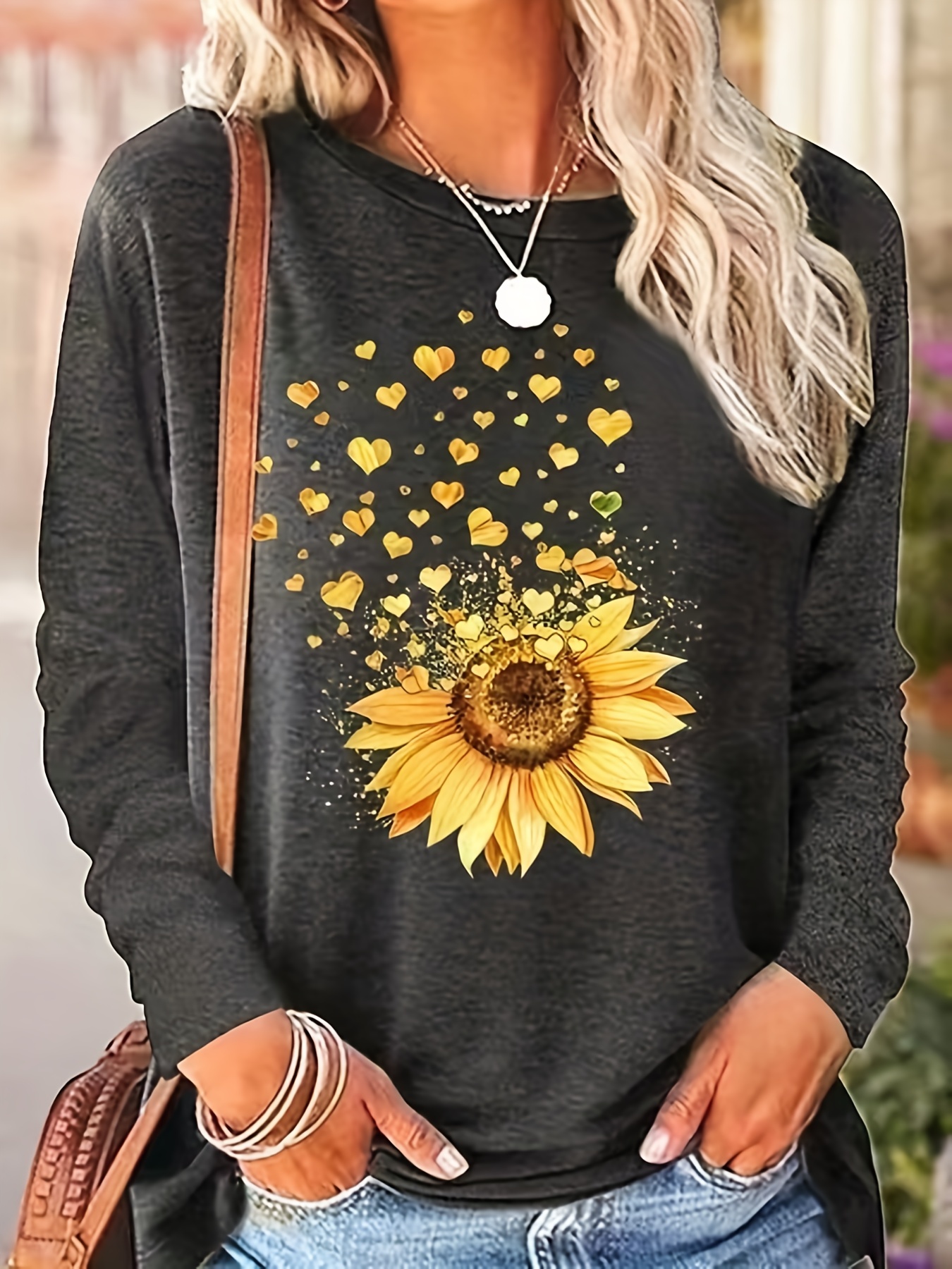 sunflower print crew neck t shirt casual long sleeve t shirt for spring fall womens clothing details 10