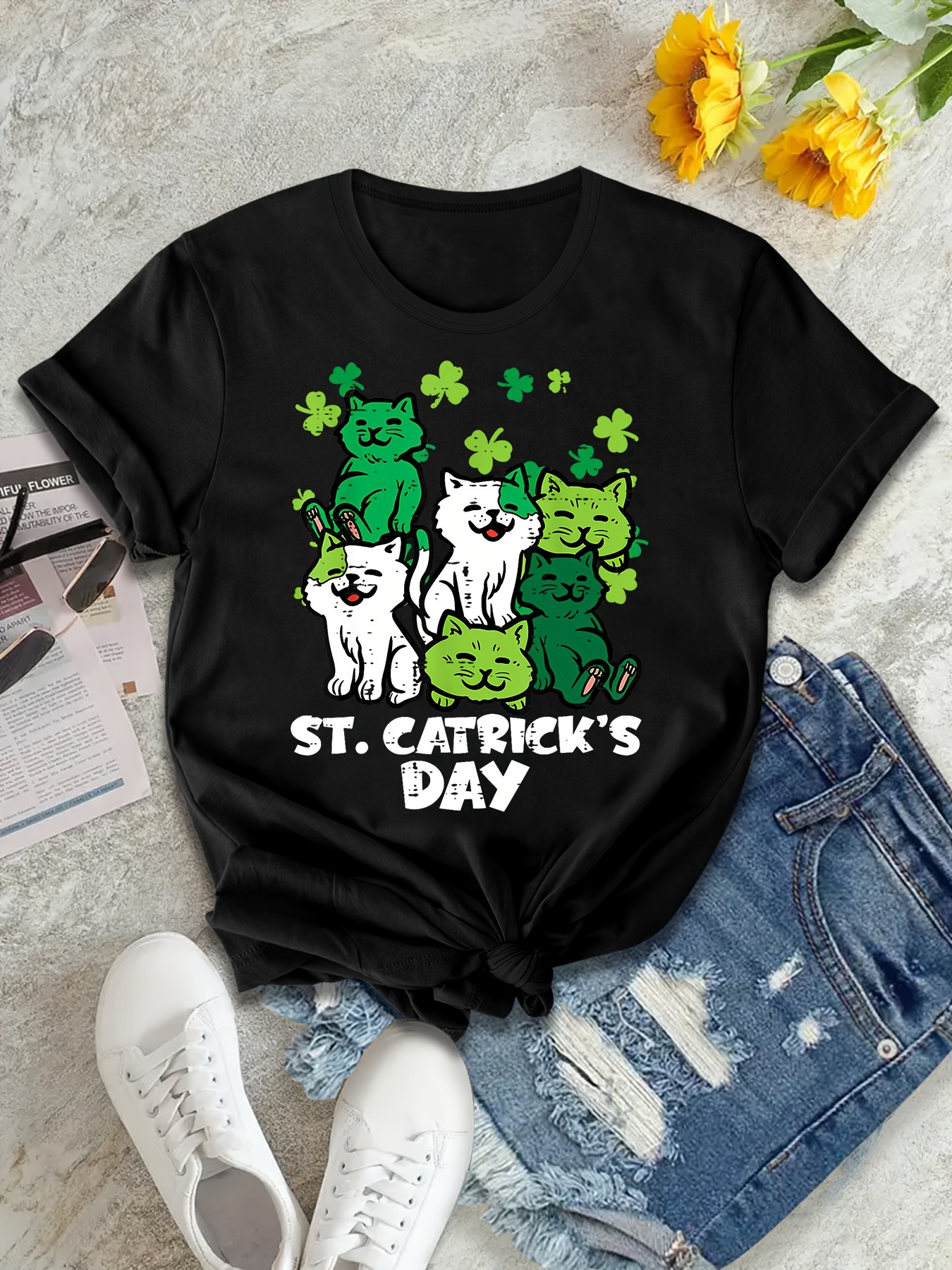 st patricks day cat print t shirt casual crew neck short sleeve top for spring summer womens clothing details 10