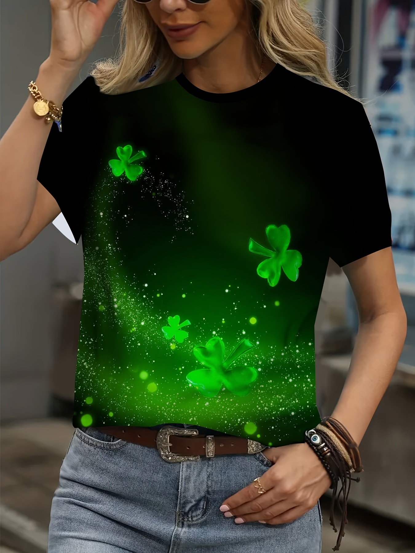 clover print crew neck t shirt casual short sleeve t shirt for spring summer womens clothing st patricks day details 3