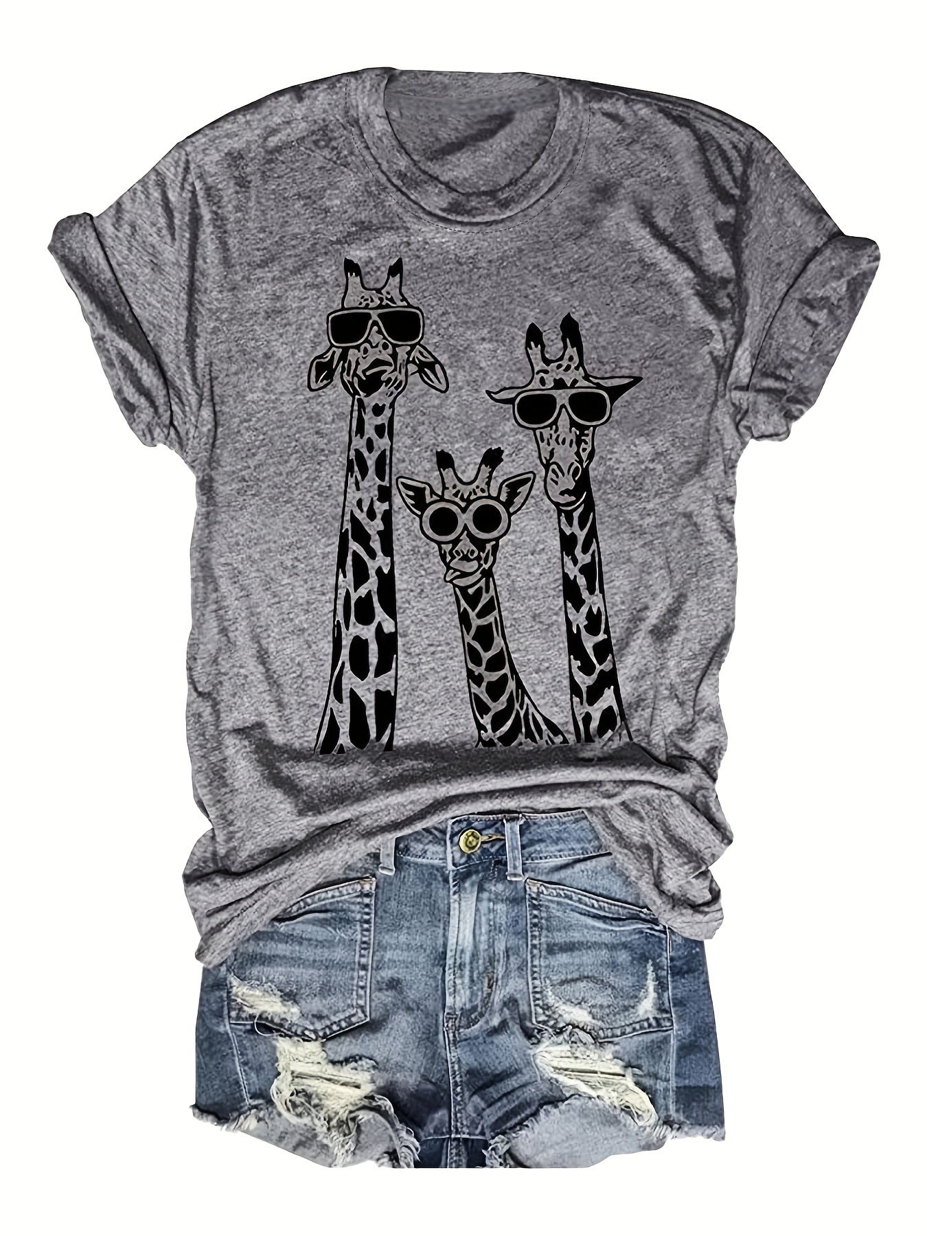 cartoon giraffe print crew neck t shirt casual short sleeve t shirt for spring summer womens clothing details 6