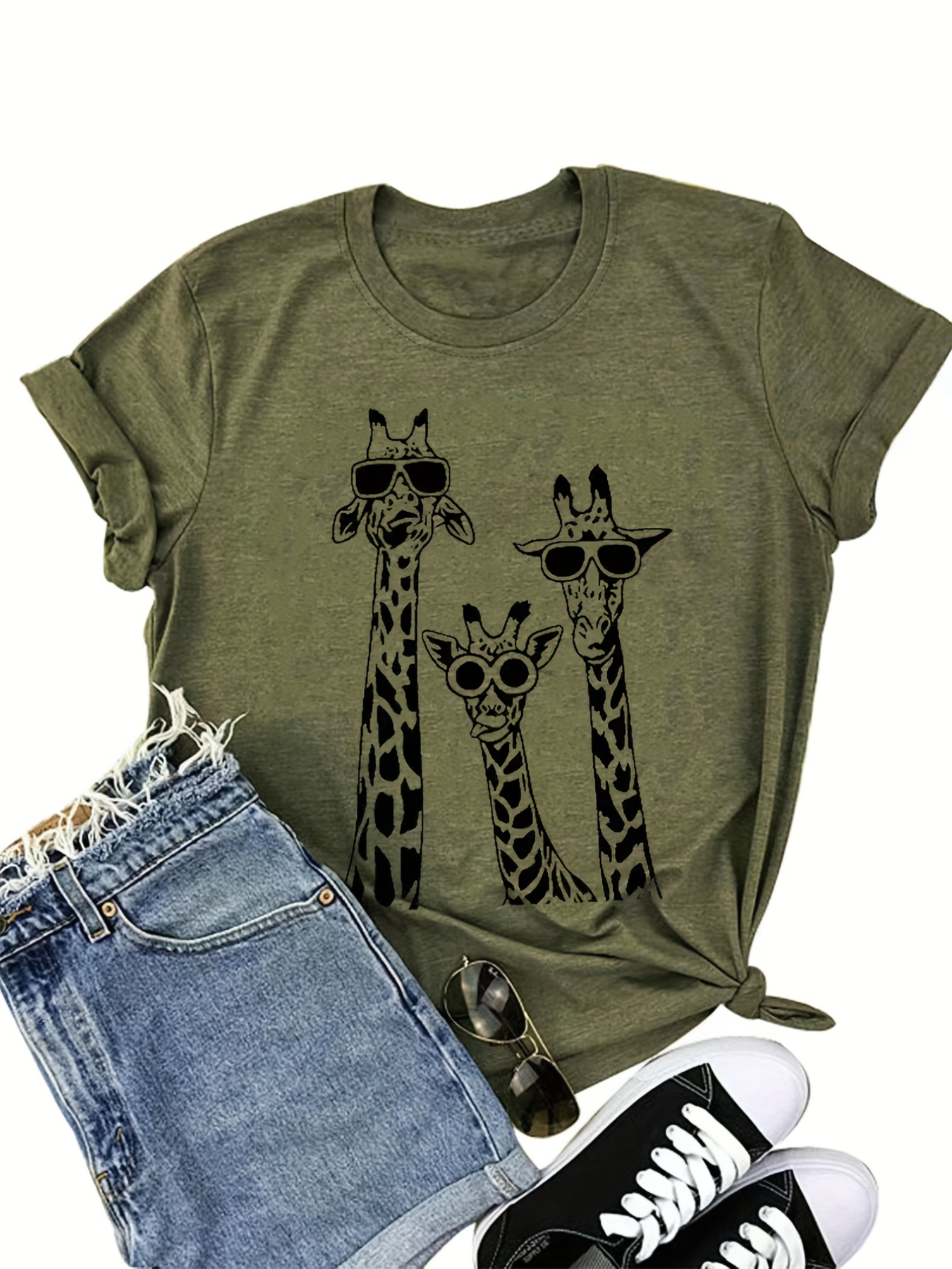 cartoon giraffe print crew neck t shirt casual short sleeve t shirt for spring summer womens clothing details 10