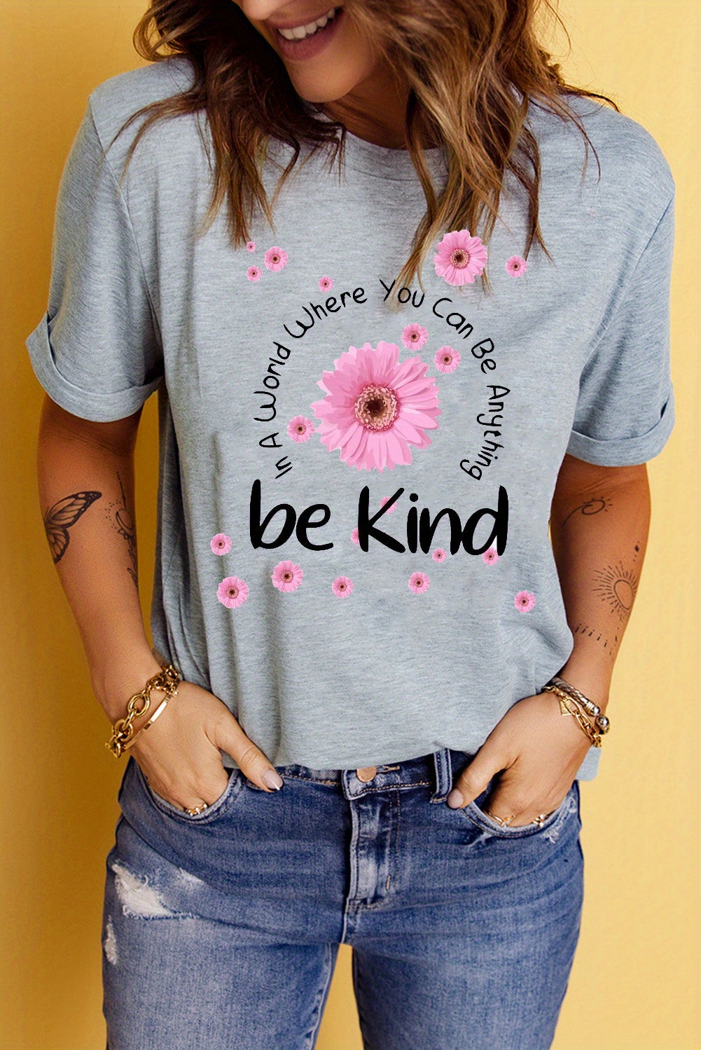 flowers letter print t shirt casual crew neck short sleeve be kind t shirt womens clothing details 4