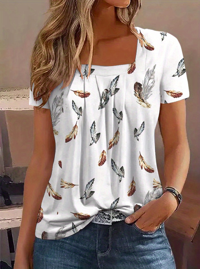 feather print square neck t shirt casual short sleeve top for spring summer womens clothing details 0