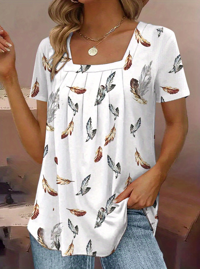 feather print square neck t shirt casual short sleeve top for spring summer womens clothing details 1