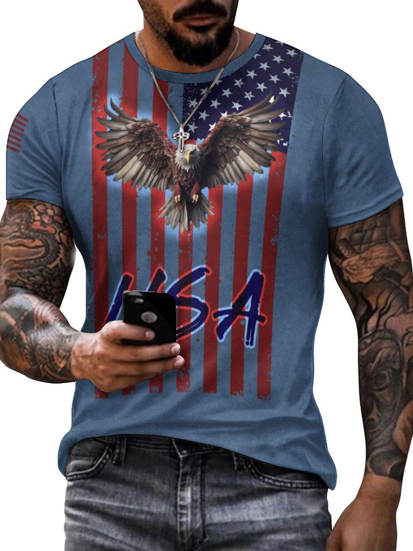 eagle and flag print t shirt mens casual street style stretch round neck tee shirt for summer details 3