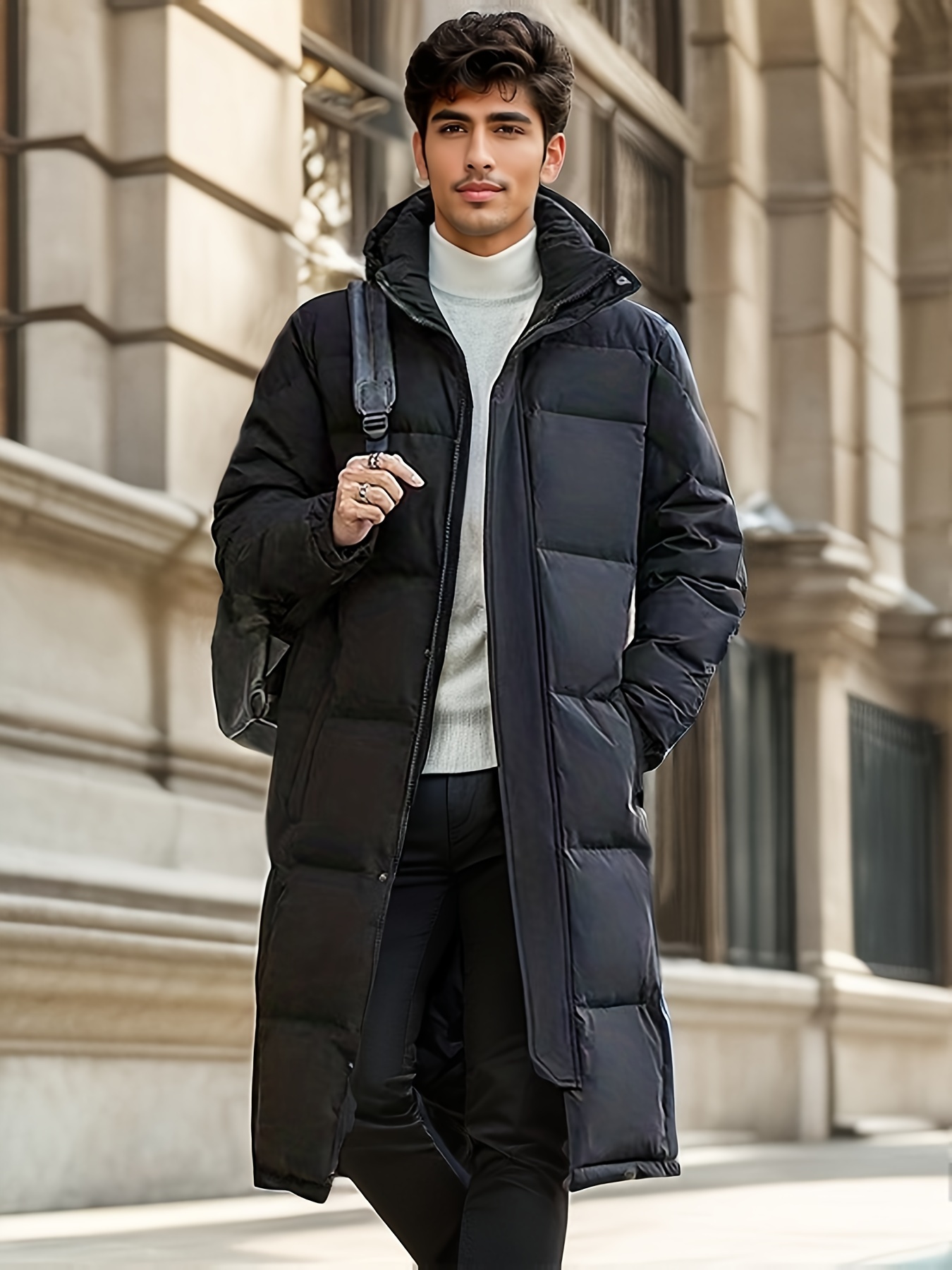 mens mid length hooded puffer jacket casual warm comfy down coat for fall winter outdoor activities details 0